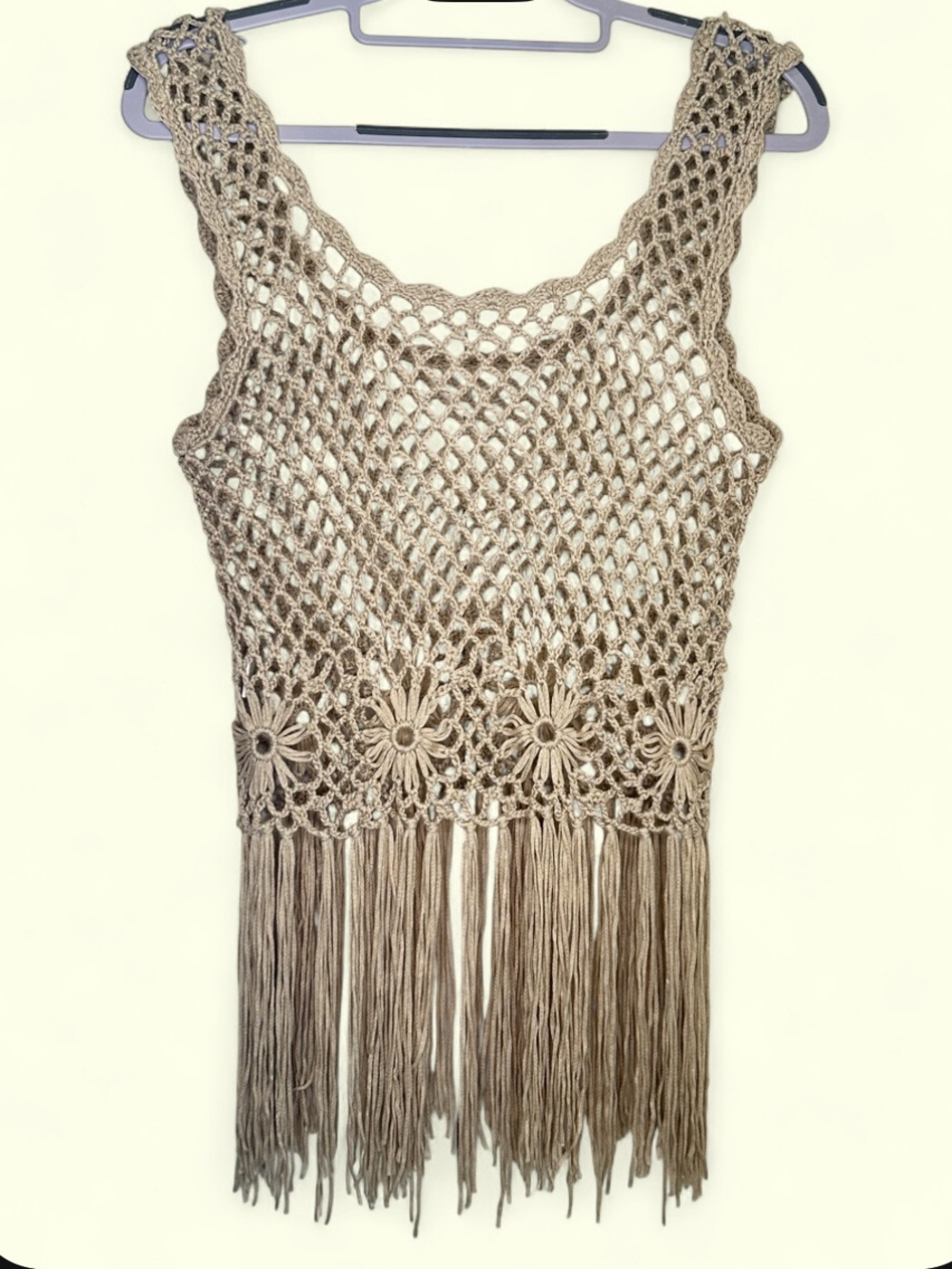 Roommates boho fairy cottagecore festival floral crochet fringe tank top